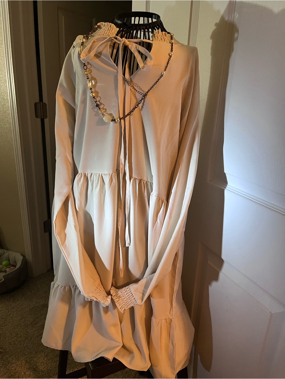 Light Beige Tie-Neck Long Sleeve Women’s Dress